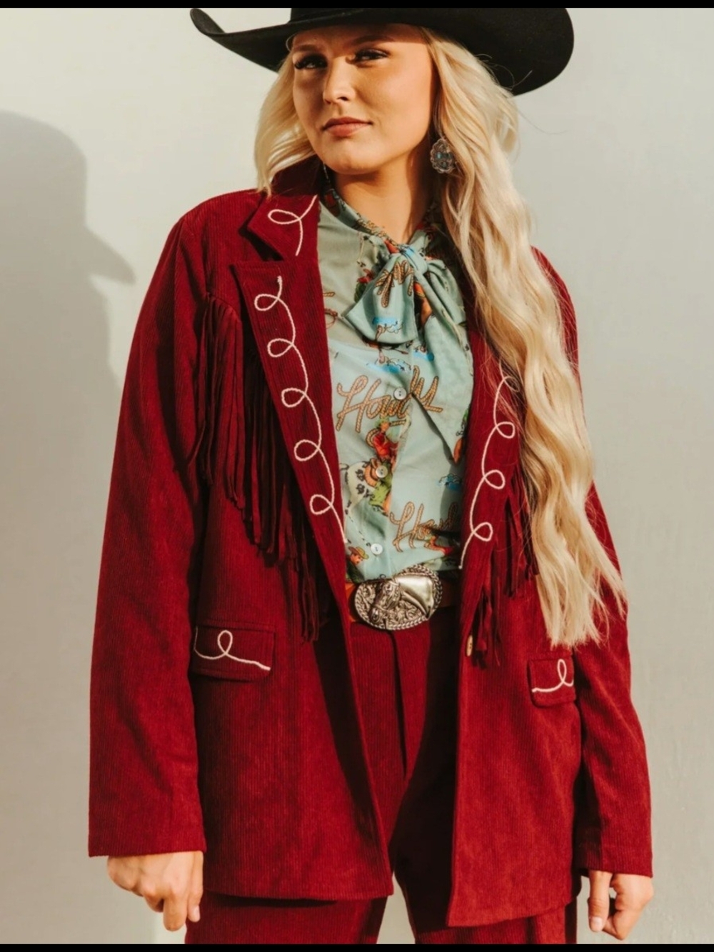 Wine Roping Cowboy Blazer Embroidered With Fringe